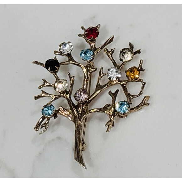 Vintage Sterling Silver Tree of Life Brooch Rhinestone Gold Tone Signed - Picture 3 of 7